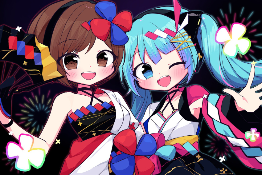 2girls aqua_hair bare_shoulders black_background blunt_bangs blush bow brown_eyes brown_hair commentary criss-cross_halter folding_fan hair_ornament hairbow halterneck hand_fan hatsune_miku highres holding holding_fan japanese_clothes kasaki_sakura kimono long_hair looking_at_viewer magical_mirai_(vocaloid) magical_mirai_meiko magical_mirai_meiko_(2020_summer) magical_mirai_miku magical_mirai_miku_(2020_summer) meiko_(vocaloid) multiple_girls one_eye_closed open_mouth outstretched_arm pink_sleeves side-by-side single_sleeve smile twintails upper_body very_long_hair vocaloid white_kimono wide_sleeves yukata