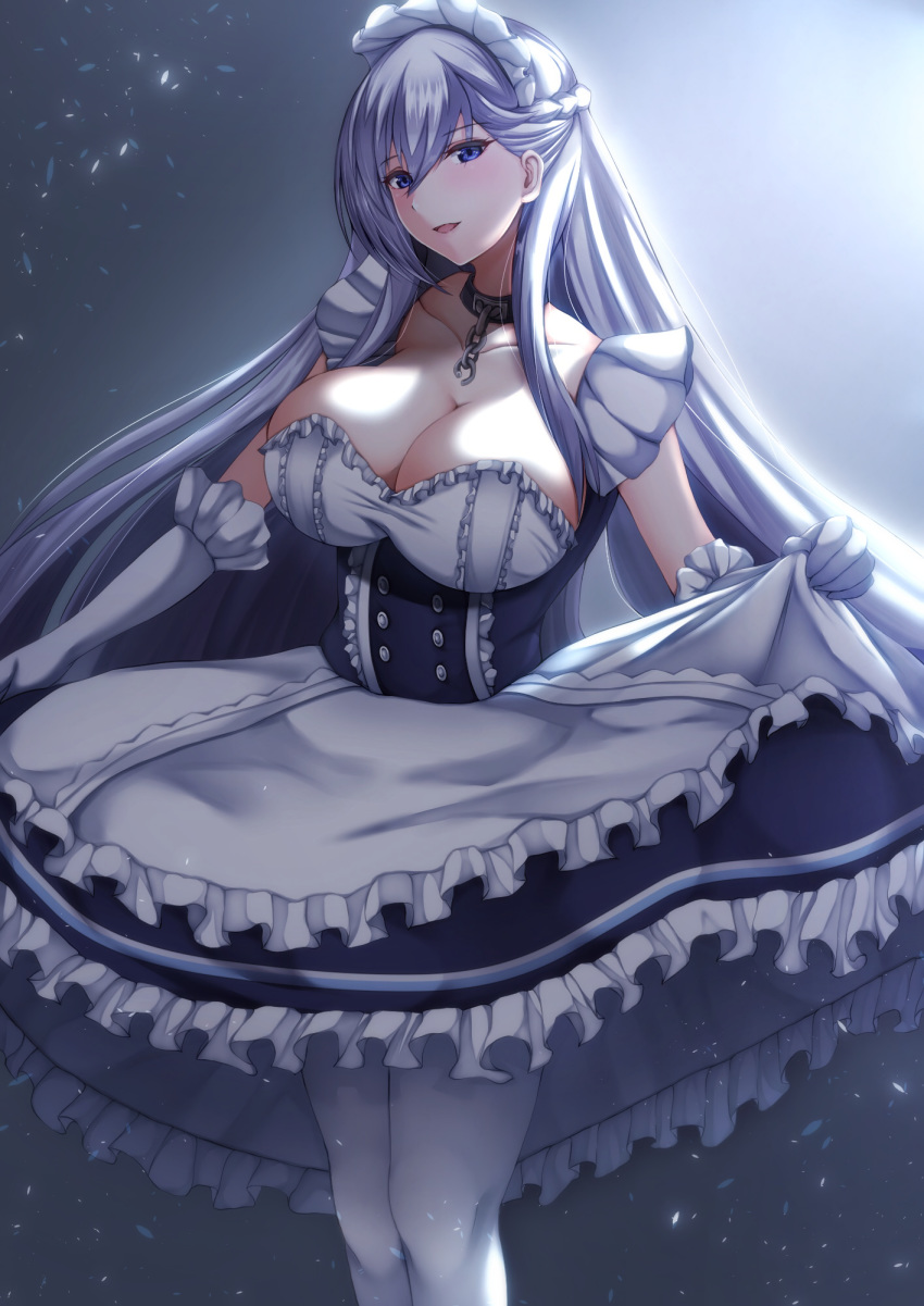 azur_lane belfast_(azur_lane) blue_eyes blush braid breasts chains cleavage collar collarbone commentary dress female french_braid frills gloves grey_hair highres large_breasts long_hair looking_at_viewer maid maid_headdress skirt_hold solo thighhighs tiri_man white_gloves white_thighhighs