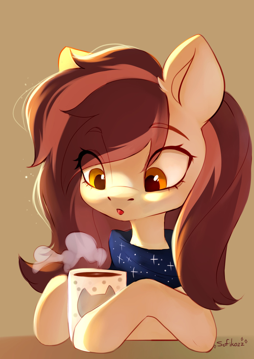 absurd_res beverage brown_hair coffee container cup digital_media_(artwork) ear_tuft earth_pony equid equine eye_through_hair eyebrow_through_hair eyebrows eyelashes fan_character female feral fur hair hasbro hi_res horse long_hair looking_down mammal my_little_pony open_mouth orange_eyes pony scarf signature sofiko-ko solo steam tan_body tan_fur translucent translucent_hair tuft