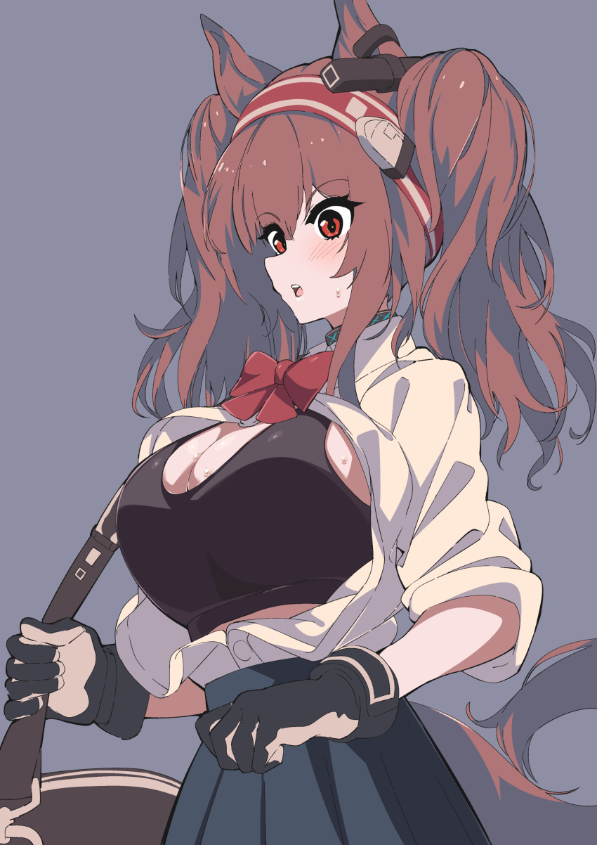 :o absurdres alternate_costume angelina_(arknights) animal_ears arknights bag black_gloves black_skirt black_sports_bra blush bow bowtie breasts brown_hair cleavage collar cowboy_shot female fox_ears fox_girl fox_tail gloves grey_background hairband headgear highres infection_monitor_(arknights) large_breasts long_hair long_sleeves looking_down open_clothes open_mouth open_shirt pleated_skirt red_bow red_bowtie red_eyes red_hairband sajimaririri school_uniform see-through shirt shoulder_bag simple_background skirt solo sports_bra tail twintails white_shirt