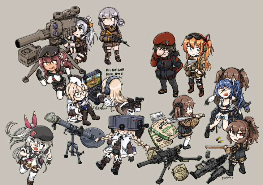 >_< 2b14_(girls'_frontline) 2b14_podnos 6+girls ags-30 ags-30_(girls'_frontline) anti-tank_missile assault_rifle baseball_bat beret bgm-71_(girls'_frontline) black-framed_eyewear black_hair black_necktie blonde_hair blue_eyes blue_hair brown_hair chasing chibi commentary drooling dutchko english_commentary eyewear_on_head facepalm female_commander_(girls'_frontline) girls'_frontline glasses grey_hair gun hair_ornament hat headset highres k11_(girls'_frontline) kalina_(girls'_frontline) long_hair looking_at_viewer looking_back lying m4_carbine medium_hair mortar_(weapon) multiple_girls necktie on_stomach orange_hair over-rim_eyewear playing_games ponytail red_eyes red_hair red_necktie rifle rocket_launcher saiga-12_(girls'_frontline) semi-rimless_eyewear side_ponytail sleeping the_pose tow_atgm twintails usas-12_(girls'_frontline) very_long_hair video_game war_thunder weapon wilson_sporting_goods