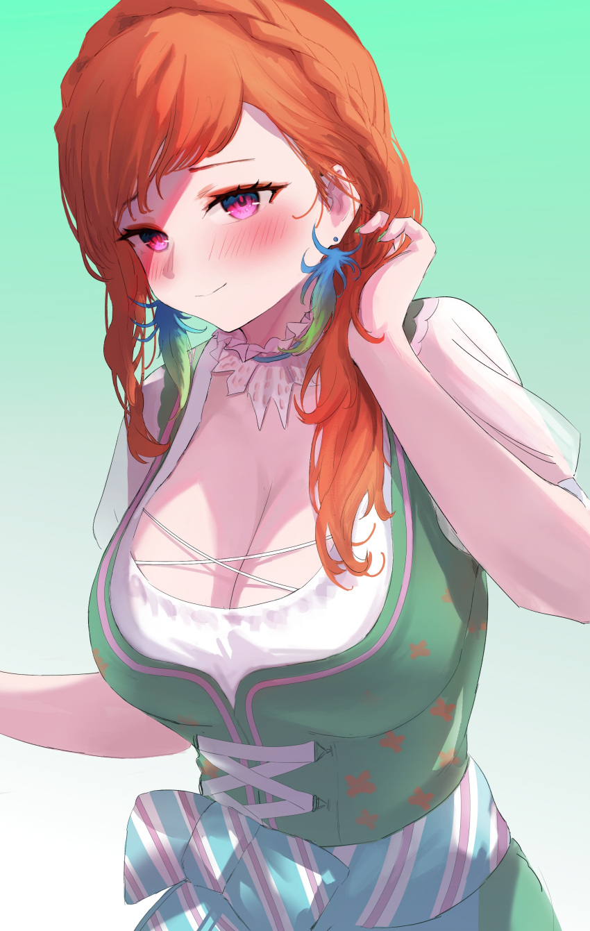 absurdres apron asymmetrical_hair bad_id bad_pixiv_id blush braid breasts choker cleavage commentary commission crown_braid dirndl dress earrings feather_earrings feathers female fingernails floral_print german_clothes gradient_background green_dress green_nails hair_behind_ear hair_over_shoulder highres hololive hololive_english jewelry large_breasts long_fingernails long_hair looking_at_viewer orange_hair pixiv_commission purple_eyes raeran scoop_neck see-through see-through_sleeves smile solo swept_bangs takanashi_kiara takanashi_kiara_(dirndl) upper_body virtual_youtuber waist_apron