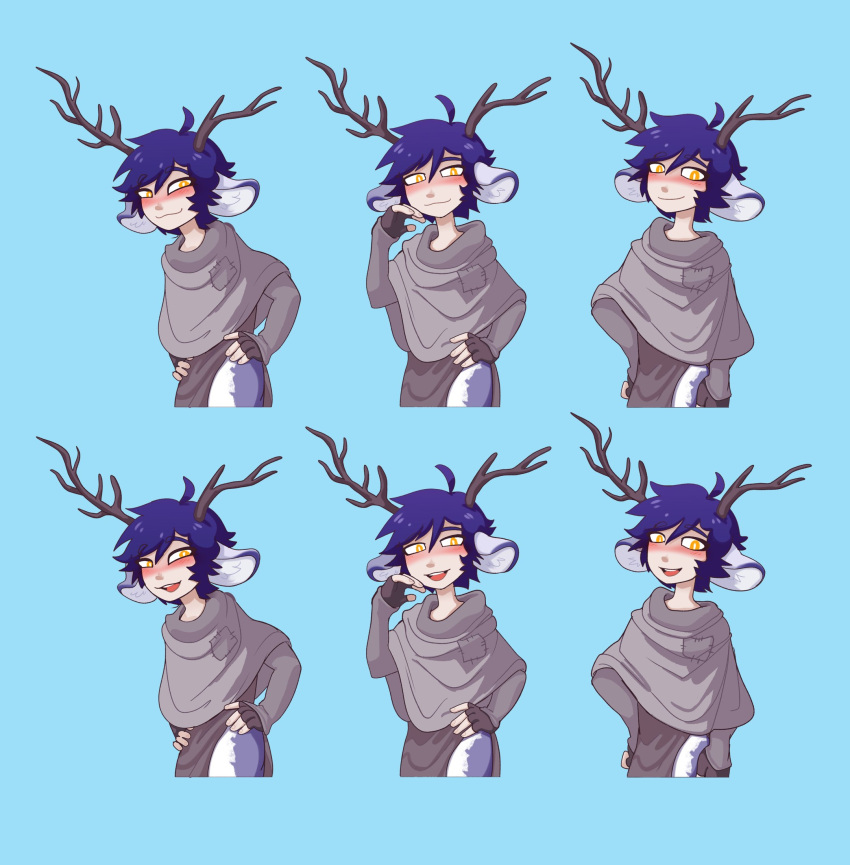 acidneko animal_humanoid antlers avoid_posting blue_background blue_body blue_fur blue_hair blush clothing deer deer_humanoid fingerless_gloves fur gloves hair half-closed_eyes handwear hi_res horn humanoid male mammal mammal_humanoid narrowed_eyes open_mouth open_smile purple_hair robe simple_background smile smirk smug smug_face solo tan_body tan_skin torn_clothing