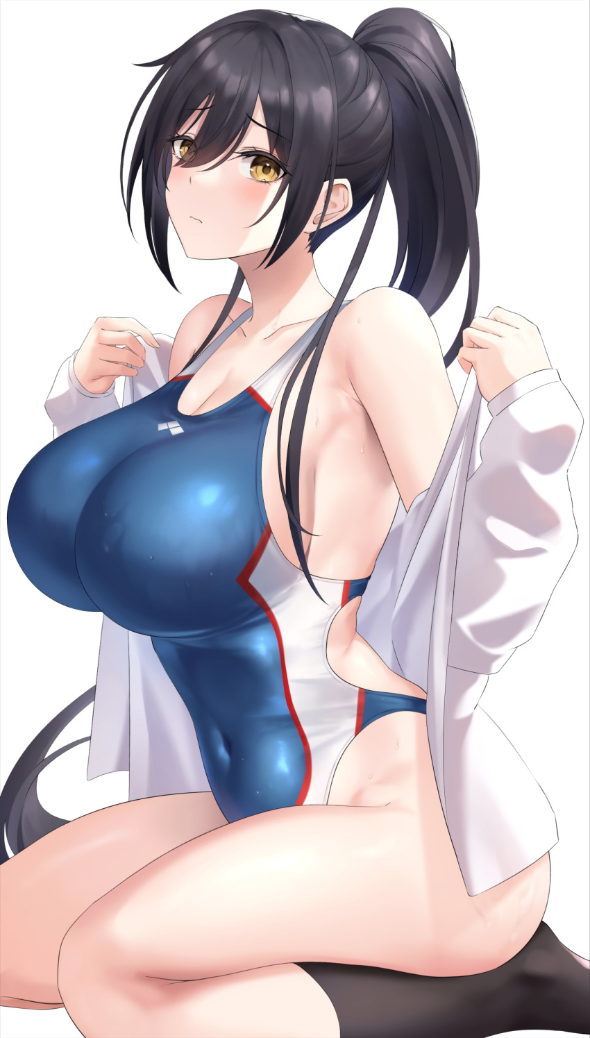 absurdres black_hair black_socks blush breasts cleavage collarbone commentary competition_swimsuit covered_navel female highres idolmaster idolmaster_shiny_colors kneeling large_breasts long_hair looking_at_viewer one-piece_swimsuit open_clothes open_shirt ponytail sateridas shirase_sakuya shirt simple_background socks solo swimsuit very_long_hair white_shirt yellow_eyes