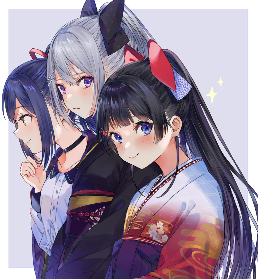 3girls black_bow black_choker black_hair black_kimono blue_eyes blue_hair blush bow choker from_side grey_hair hairbow highres higuchi_kaede higuchi_kaede_(5th_costume) japanese_clothes jk_gumi_(nijisanji) kimono looking_at_another looking_at_viewer looking_to_the_side multiple_girls nijisanji obi official_alternate_costume ponytail purple_background purple_eyes red_bow sash shizuka_rin shizuka_rin_(4th_costume) simple_background tsukino_mito tsukino_mito_(4th_costume) virtual_youtuber white_background ya_ka_n yellow_eyes