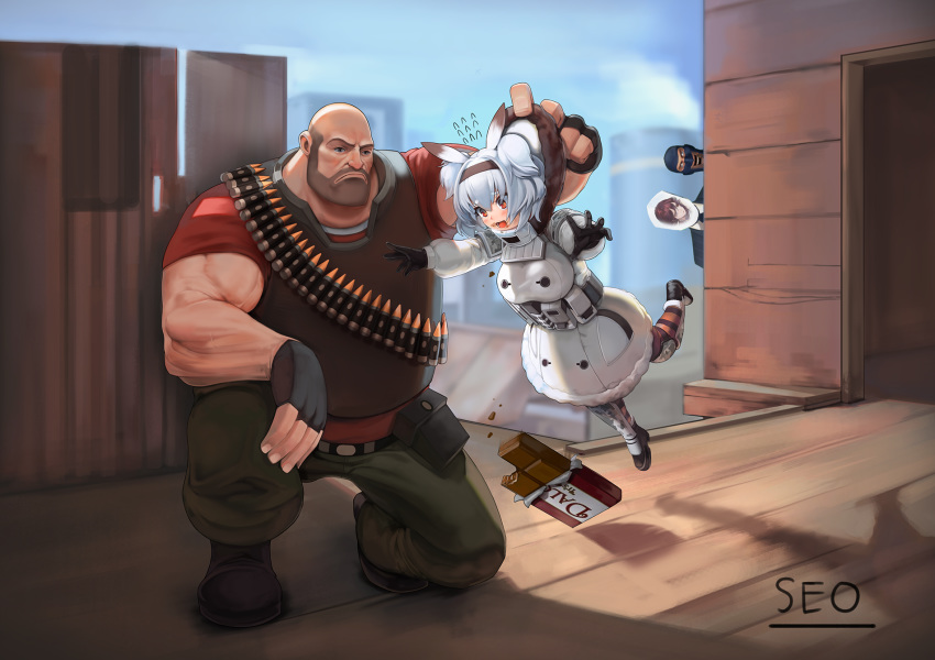 2fort 3boys alvis_(last_origin) artist_name bald black_gloves blu_spy_(tf2) breasts candy caught chocolate chocolate_bar clothes_grab commentary_request crossover dalokohs_bar female food food_on_face frown full_body fur_jacket gloves grabbing hair_between_eyes hairband heavy_(tf2) highres jacket korean_commentary large_breasts last_origin multiple_boys open_mouth oppai_loli red_eyes red_heavy_(tf2) seo_(tqhgud016) short_twintails signature spy_(tf2) team_fortress_2 twintails two_side_up valkyrie_(last_origin) white_hair