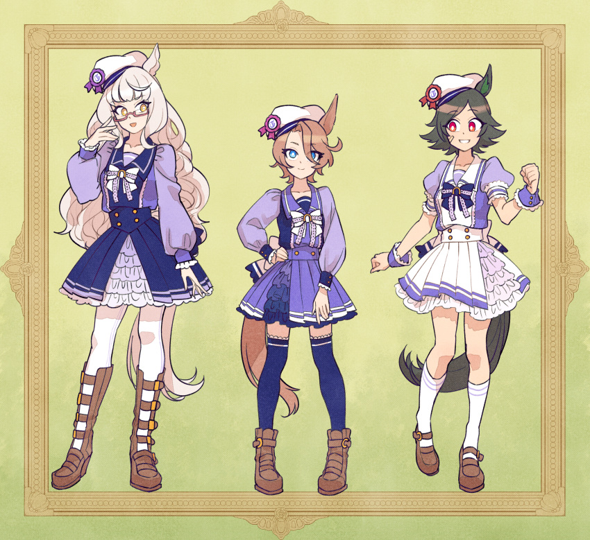 3girls animal_ears biwa_hayahide_(umamusume) black_hair black_legwear blue_eyes blush bnw_(umamusume) boots brown_footwear brown_hair collarbone grin hair_over_one_eye high_heel_boots high_heels highres horse_ears horse_girl horse_tail knee_boots long_hair long_sleeves looking_at_another looking_at_viewer multiple_girls narita_taishin_(umamusume) open_mouth over-kneehighs pantyhose parted_lips puffy_short_sleeves puffy_sleeves rectangular_eyewear red-framed_eyewear red_eyes school_uniform semi-rimless_eyewear short_hair short_sleeves smile socks tail teeth thighhighs tracen_school_uniform umamusume under-rim_eyewear white_hair white_pantyhose white_socks winning_ticket_(umamusume) yellow_eyes yoshidanoe