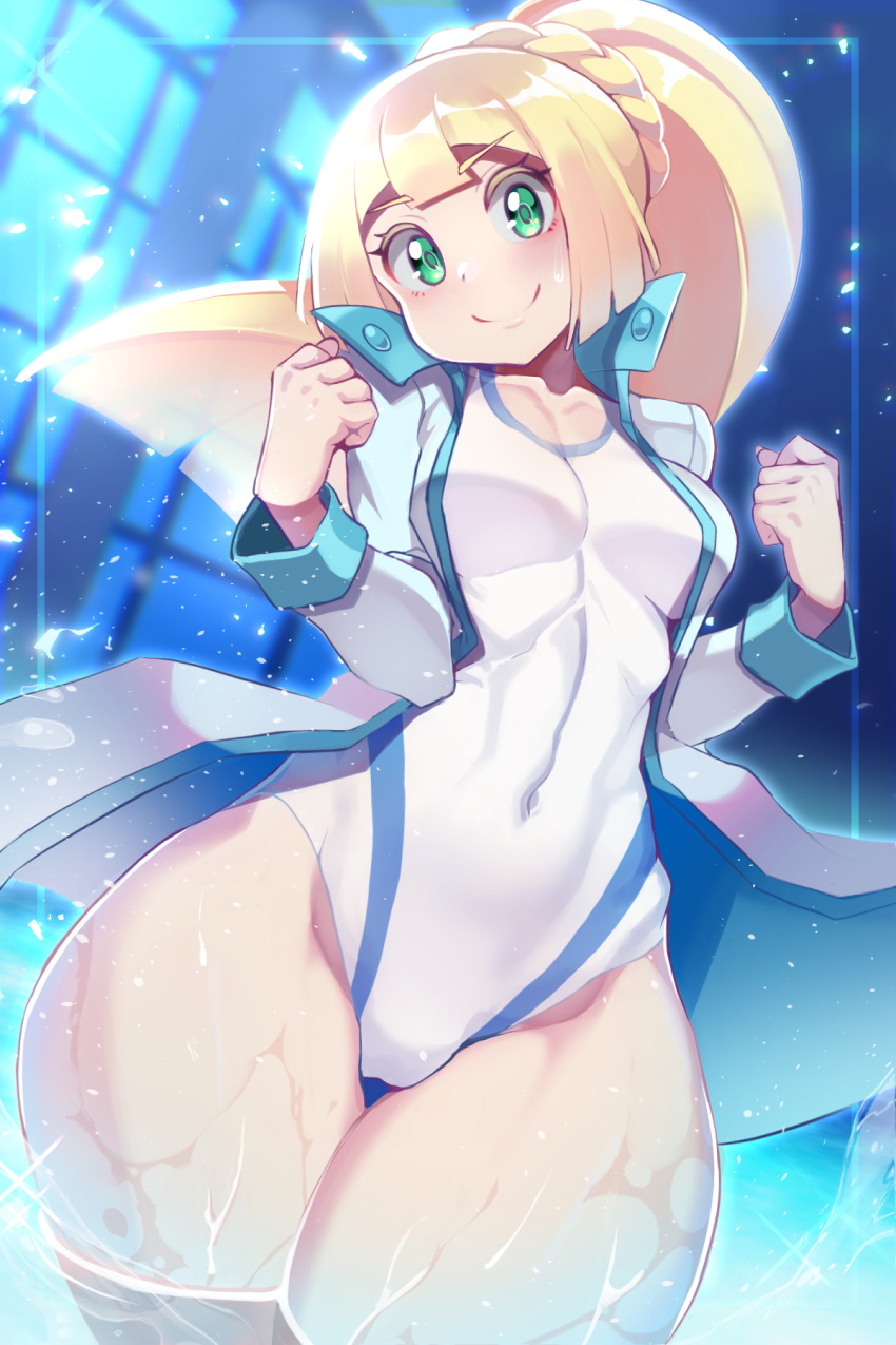 alternate_costume blonde_hair breasts clenched_hands collarbone competition_swimsuit cosplay covered_navel cowboy_shot curvy female green_eyes highleg highleg_swimsuit highres kasumi_(pokemon) lillie_(pokemon) misty_(pokemon)_(cosplay) one-piece_swimsuit pokemon pokemon_hgss pokemon_sm ponytail shiny_skin solo swimsuit thick_thighs thighs water wet wide_hips yasu_suupatenin