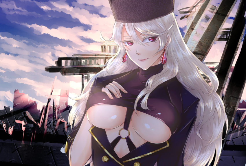 breasts cleavage commentary_request earrings female girls'_frontline hand_on_own_chest hat highres jewelry large_breasts long_hair looking_at_viewer mituki mole mole_under_eye ptrd_(girls'_frontline) purple_eyes simple_background smile solo white_hair