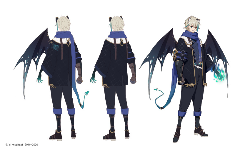 1boy absurdres animal_ears aza_(virtuareal) blonde_hair demon_boy extra_ears fire gauntlets highres looking_at_viewer multicolored_hair multiple_views nijisanji official_art open_mouth reference_sheet rekaerb_maerd scarf single_gauntlet streaked_hair torn torn_wings turnaround two-tone_hair virtual_youtuber virtuareal white_background wings