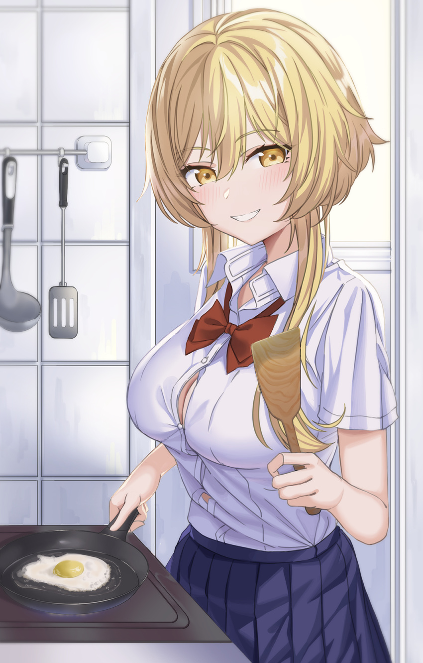 alternate_breast_size alternate_costume blonde_hair blue_skirt bow bowtie breasts bursting_breasts button_gap cleavage collared_shirt female fried_egg frying_pan genshin_impact hair_between_eyes highres kitchen large_breasts looking_at_viewer loose_bowtie lumine_(genshin_impact) o-los parted_lips red_bow school_uniform shirt short_hair_with_long_locks skirt smile solo spatula utensil_rack white_shirt yellow_eyes