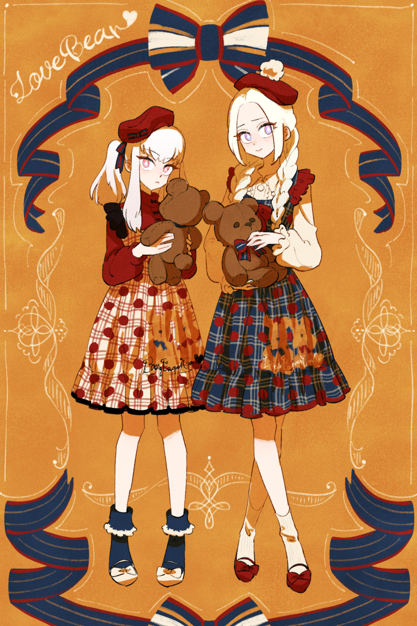 2girls alternate_costume black_footwear blonde_hair braid bright_pupils edelgard_von_hresvelg fire_emblem fire_emblem:_three_houses highres holding holding_stuffed_toy long_hair lysithea_von_ordelia multiple_girls pink_eyes purple_eyes red_footwear socks stuffed_animal stuffed_toy teddy_bear twin_braids twintails white_legwear white_pupils yoshidanoe