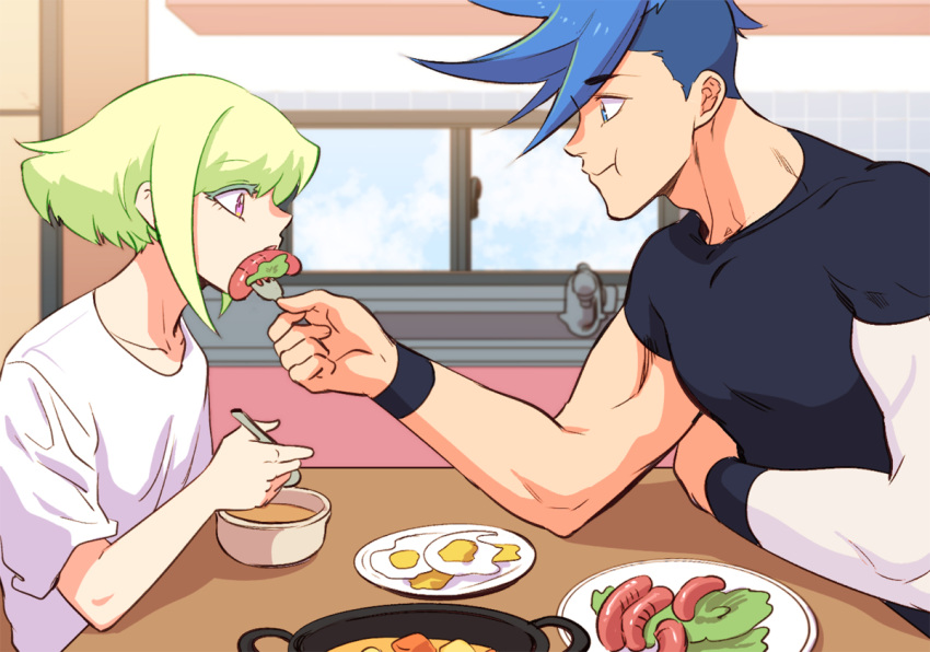 2boys :t androgynous asymmetrical_hair bae_(baebae) blue_hair breakfast colored_eyelashes feeding food fried_egg galo_thymos green_hair lio_fotia male_focus multiple_boys oatmeal promare purple_eyes sausage shirt sidecut spiked_hair spoon t-shirt undercut