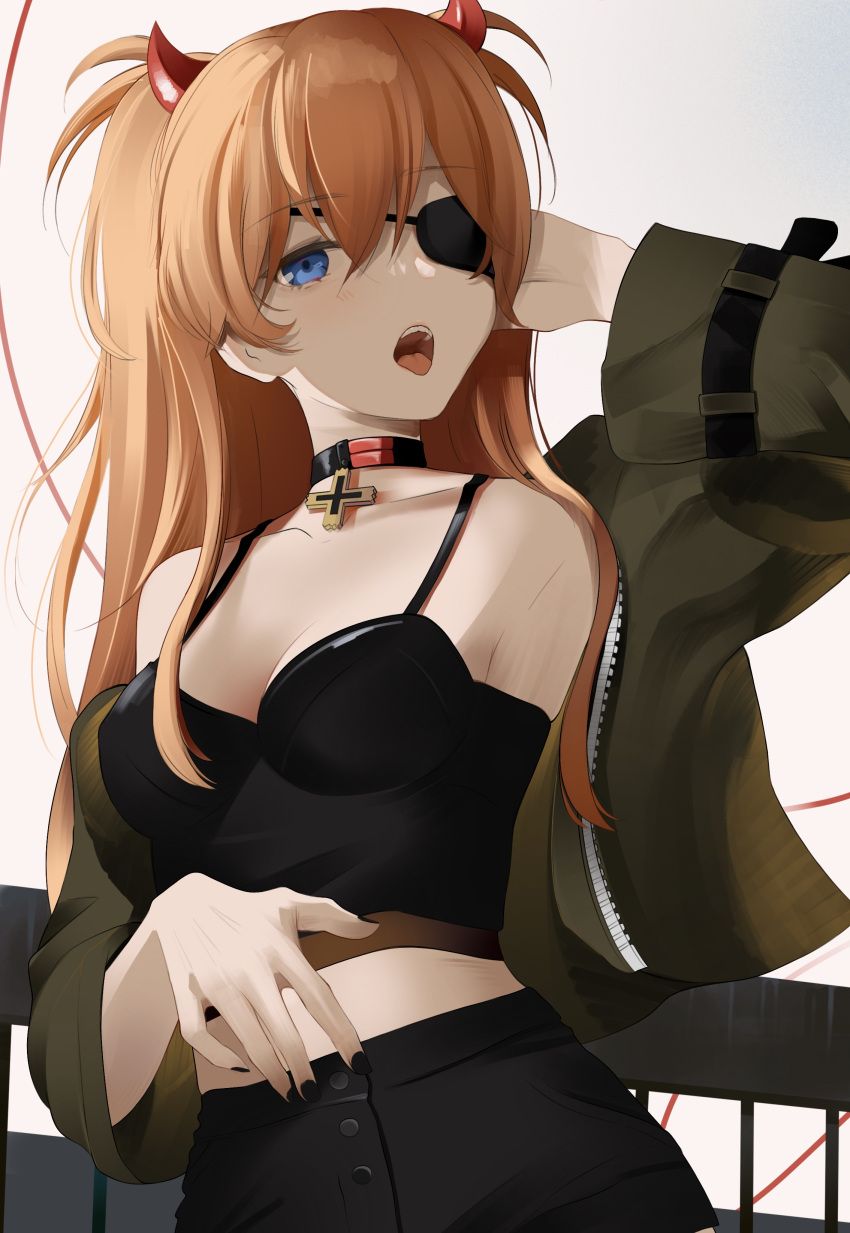 absurdres alternate_costume bad_id bad_pixiv_id black_skirt blue_eyes breasts brown_hair choker cleavage demon_horns dutch_angle eyepatch female green_jacket hand_in_own_hair highres horns jacket long_hair medium_breasts midriff miniskirt neon_genesis_evangelion nicksuslin open_mouth red_horns skirt solo souryuu_asuka_langley spaghetti_strap strap_gap tank_top tongue tongue_out white_background