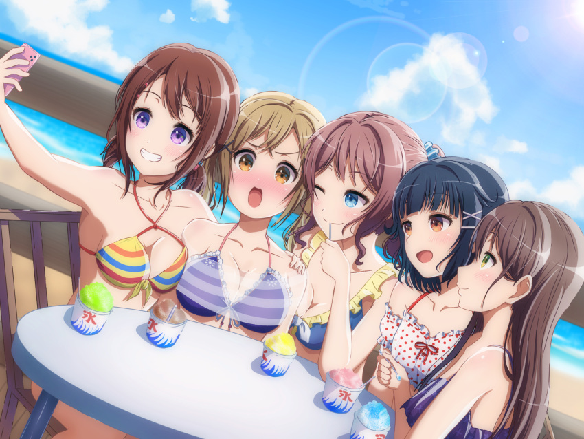 5girls bang_dream! beach bikini blonde_hair blue_eyes blue_hair blush breasts brown_eyes brown_hair cleavage dark_blue_hair food hanazono_tae highres ichigaya_arisa large_breasts lens_flare long_hair multiple_girls noshimurin open_mouth outdoors poppin'party purple_eyes shaved_ice sitting sky smile striped_bikini striped_clothes swimsuit toyama_kasumi ushigome_rimi wavy_hair yamabuki_saya