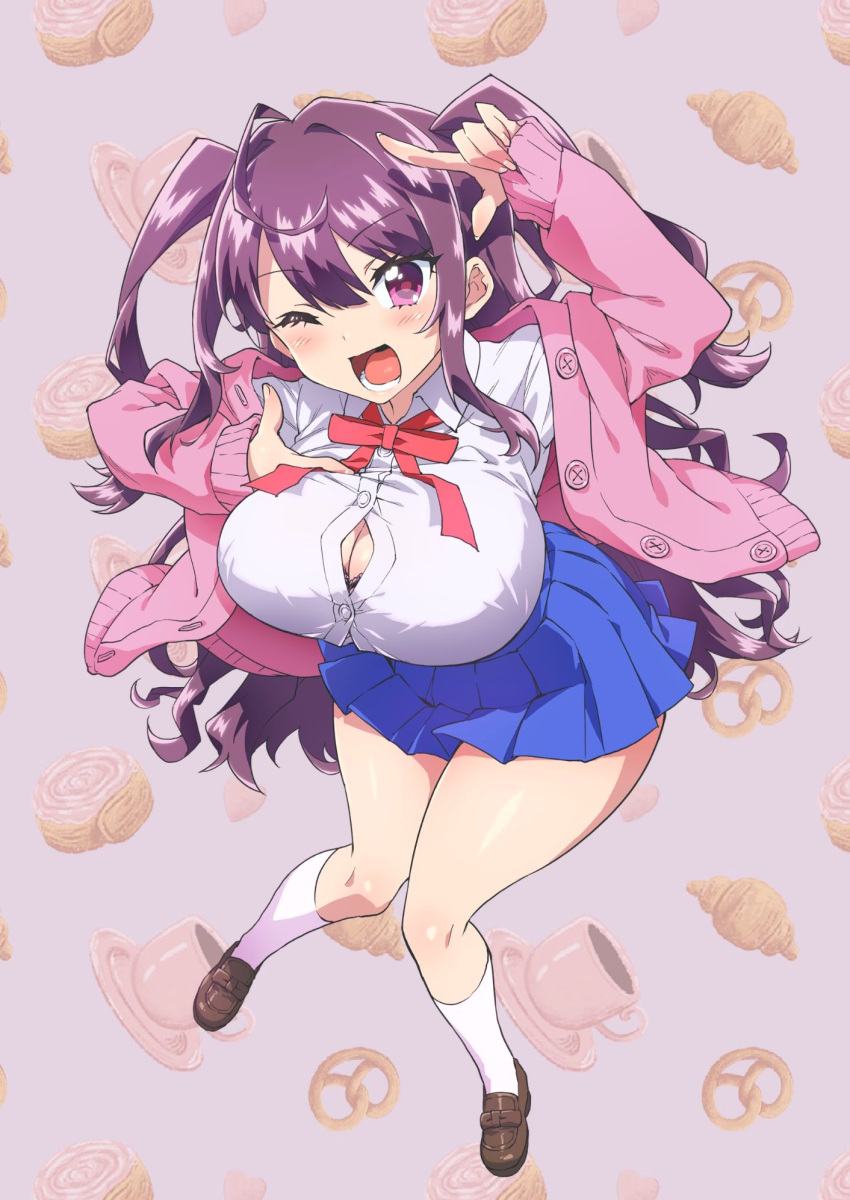 :d ahoge artist_request blue_skirt bra bra_peek breasts brown_footwear button_gap buttons cardigan check_artist cinnamon_roll collared_shirt commentary_request croissant cup curvy dress_shirt female finger_frame food food-themed_background full_body hair_between_eyes hand_gesture hase_rinon highres huge_breasts knees_together_feet_apart lace-trimmed_bra lace_trim loafers long_hair looking_at_viewer lower_teeth_only miniskirt mucha_(muchakai) neck_ribbon one_eye_closed open_cardigan open_clothes open_mouth oppai_loli pink_cardigan pleated_skirt pretzel purple_eyes purple_hair red_ribbon ribbon school_uniform shirt shirt_tucked_in shoes skirt smile socks solo standing tama_project teeth third-party_source two_side_up underwear virtual_youtuber white_shirt white_socks wide_hips