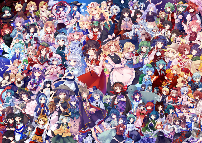 6+girls absolutely_everyone aki_minoriko aki_shizuha alice_margatroid animal_ears bad_id bad_pixiv_id blue_eyes chen cirno cloud daiyousei dark_haired_kappa everyone flandre_scarlet fujiwara_no_mokou full_moon futatsuiwa_mamizou glasses glasses_kappa gourd hair_tie_kappa hakurei_reimu hasshaku-sama hata_no_kokoro heterochromia hieda_no_akyuu highres hijiri_byakuren himekaidou_hatate hinanawi_tenshi hong_meiling horikawa_raiko hoshiguma_yuugi houjuu_nue houraisan_kaguya ibaraki_kasen ibuki_suika imaizumi_kagerou inaba_tewi inubashiri_momiji izayoi_sakuya kaenbyou_rin kagiyama_hina kaku_seiga kamishirasawa_keine kasodani_kyouko kawashiro_nitori kazami_yuuka kijin_seija kirisame_marisa kisume koakuma kochiya_sanae komeiji_koishi komeiji_satori konpaku_youmu konpaku_youmu_(ghost) kumoi_ichirin kurodani_yamame lily_white lunasa_prismriver manzairaku maribel_hearn medicine_melancholy miyako_yoshika mizuhashi_parsee mononobe_no_futo moon morichika_rinnosuke moriya_suwako motoori_kosuzu mouse_ears multiple_girls murasa_minamitsu mystia_lorelei nagae_iku nazrin ofuda okiku_(banchou_sarayashiki) onozuka_komachi patchouli_knowledge red_eyes reisen_(touhou_bougetsushou) reisen_udongein_inaba reiuji_utsuho remilia_scarlet right-over-left_kimono rope rumia saigyouji_yuyuko sekibanki shameimaru_aya shiki_eiki shimenawa shinki_(touhou) soga_no_tojiko su-san sukuna_shinmyoumaru tatara_kogasa tokiko_(touhou) toramaru_shou touhou touhou_(pc-98) toyosatomimi_no_miko tsukumo_benben tsukumo_yatsuhashi unzan uranaishi_(miraura) usami_renko usami_sumireko wakasagihime watatsuki_no_toyohime watatsuki_no_yorihime wriggle_nightbug yagokoro_eirin yakumo_ran yakumo_yukari yasaka_kanako