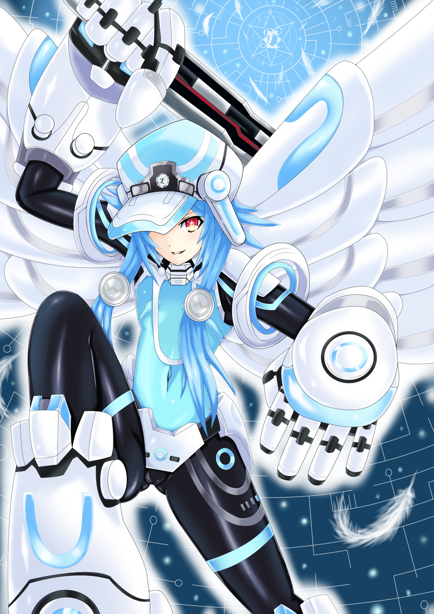 :d absurdres arm_up armor blue_hair bodysuit boots cabbie_hat commentary_request covered_navel faulds feathers female flat_chest foreshortening gauntlets gorget greaves grid hair_ornament hat hat_over_one_eye highres holding holding_weapon honke_ganso looking_at_viewer magical_girl neptune_(series) next_white open_mouth outline pauldrons power_symbol power_symbol-shaped_pupils red_eyes shin_jigen_game_neptune_vii short_hair_with_long_locks shoulder_armor sidelocks smile solo symbol-shaped_pupils weapon white_heart_(neptunia) wings