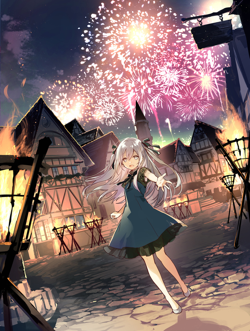 cover cover_image cover_page dress dutch_angle female fireworks frilled_dress frills green_dress green_ribbons grey_eyes grey_footwear hair_between_eyes hair_ribbon highres kei_(k_tmr) latina_(uchi_no_musume_no_tame_naraba) long_hair looking_at_viewer night night_sky novel_cover novel_illustration official_art open_mouth outdoors outstretched_arm photoshop_(medium) reaching reaching_towards_viewer ribbon second-party_source short_sleeves sky smile solo standing two_side_up uchi_no_musume_no_tame_naraba_ore_wa_moshikashitara_maou_mo_taoseru_kamo_shirenai. white_hair wide_shot