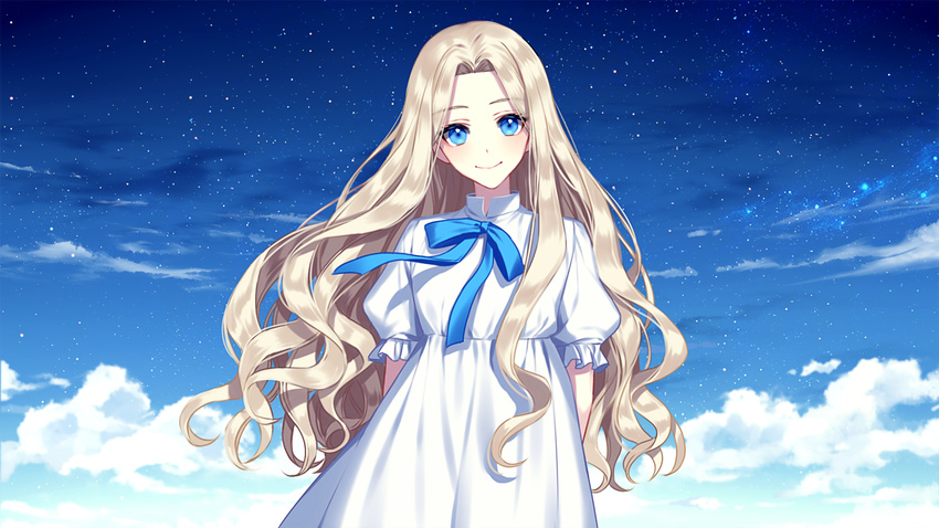 bad_id bad_pixiv_id blonde_hair blue_eyes dress female long_hair marnie_(omoide_no_marnie) omoide_no_marnie smile solo srb7606 white_dress