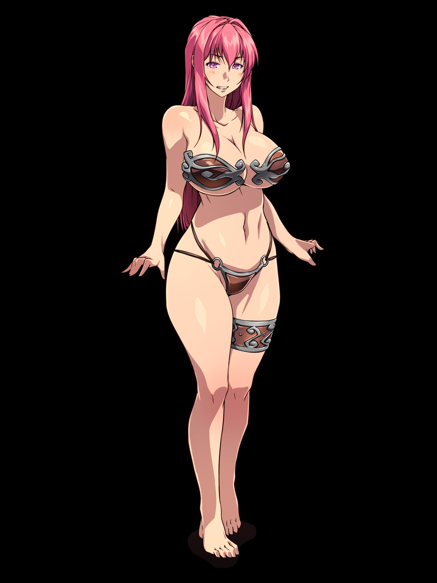 bare_shoulders barefoot bible_black black_background blush breasts cleavage clenched_teeth collarbone feet female highres huge_breasts legs long_hair looking_at_viewer nightmare_express pink_eyes pink_hair simple_background solo standing takashiro_hiroko teeth thighs