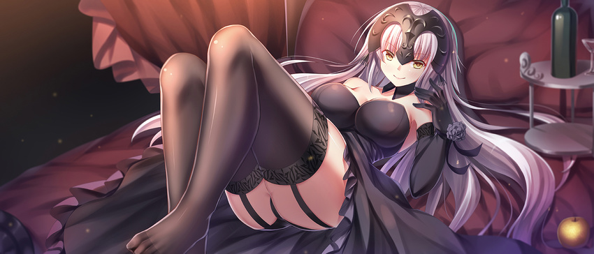 apple ass black_thighhighs blonde_hair bottle breasts commentary_request elbow_gloves fate/grand_order fate_(series) female food fruit garter_straps gloves headpiece highres iro_ame_(amewaagada) jeanne_d'arc_alter_(avenger)_(fate) jeanne_d'arc_alter_(fate) jeanne_d'arc_alter_(holy_night_supper)_(fate) large_breasts long_hair looking_at_viewer lying on_back on_bed panties photoshop_(medium) pillow smile solo thighhighs traditional_media underwear watercolor_pencil_(medium) wine_bottle yellow_eyes