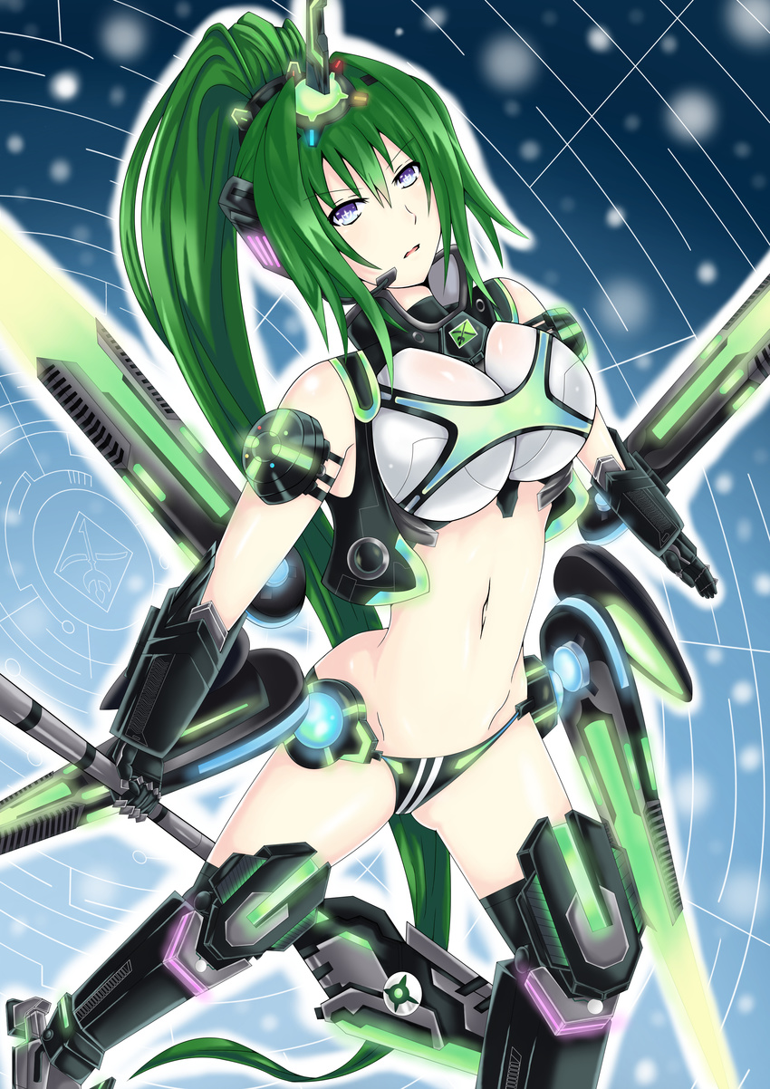 :o absurdres armor bare_shoulders blue_eyes breastplate breasts commentary_request crop_top double_vertical_stripe faulds female gauntlets greaves green_hair green_heart_(neptunia) grid groin headgear high_ponytail highres holding holding_weapon honke_ganso large_breasts legs_apart long_hair lowleg magical_girl navel neon_trim neptune_(series) next_green open_mouth outline pauldrons polearm power_symbol power_symbol-shaped_pupils shin_jigen_game_neptune_vii shoulder_armor solo spear symbol-shaped_pupils turtleneck very_long_hair weapon