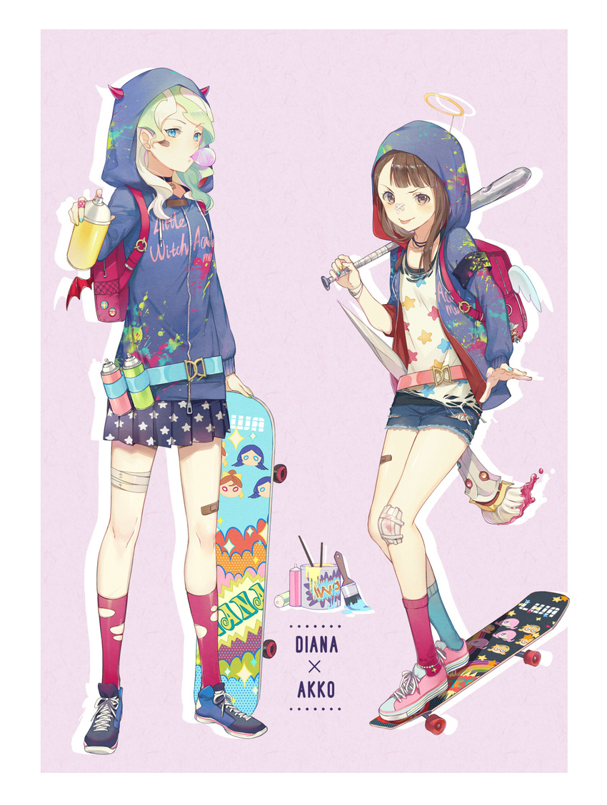 2girls :p alternate_costume angel_and_devil angel_wings aqua_nails aqua_socks asymmetrical_legwear backpack bag bandage_on_knee bandages bandaid bandaid_on_cheek bandaid_on_face bandaid_on_hand bandaid_on_knee bandaid_on_leg barbara_parker baseball_bat belt blonde_hair blowing_bubbles blue_eyes blue_footwear brown_eyes brown_hair casual character_name character_print clothes_writing commentary_request copyright_name cutoffs demon_wings denim denim_shorts diana_cavendish ekita_kuro english_text fake_halo fake_horns fashion flat_chest halo hanna_england heart heart_print highres hood hoodie horned_headwear horns kagari_atsuko little_witch_academia long_hair looking_at_viewer lotte_jansson mismatched_legwear multicolored_nails multiple_girls nail_polish open_mouth paint paint_can paint_splatter paintbrush pink_background pink_footwear pink_nails pleated_skirt print_bandaid print_object print_shirt print_skirt red_legwear shirt shoes shorts simple_background skateboard skirt smile sneakers socks spray_can star_(symbol) star_print sucy_manbavaran tongue tongue_out torn_clothes torn_shorts torn_socks wings yellow_nails