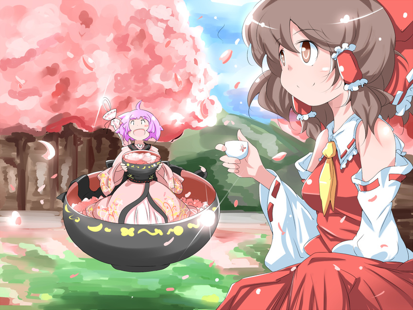 2girls :d ahoge ascot blue_sky blush_stickers brown_eyes brown_hair cherry_blossoms choko_(cup) commentary_request cup day detached_sleeves floating glint grass hair_ribbon hair_tubes hakurei_reimu hanami hill in_bowl in_container japanese_clothes kikurage_(sugi222) kimono levitation light_purple_hair looking_up mini_person minigirl multiple_girls needle open_mouth outdoors petals ribbon ribbon-trimmed_sleeves ribbon_trim skirt skirt_set sky smile sukuna_shinmyoumaru touhou tree