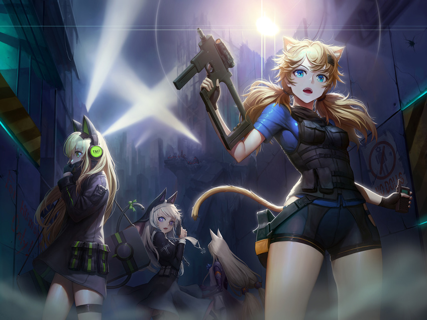 animal_ears anthro aqua_eyes banajune blonde_hair bodysuit building catgirl city cross dark dress g41_(girls_frontline) garter girls_frontline gloves green_eyes group gun headdress headphones idw_(girls_frontline) long_hair night nun p7_(girls_frontline) purple_eyes shorts tail tmp_(girls_frontline) twintails weapon white_hair