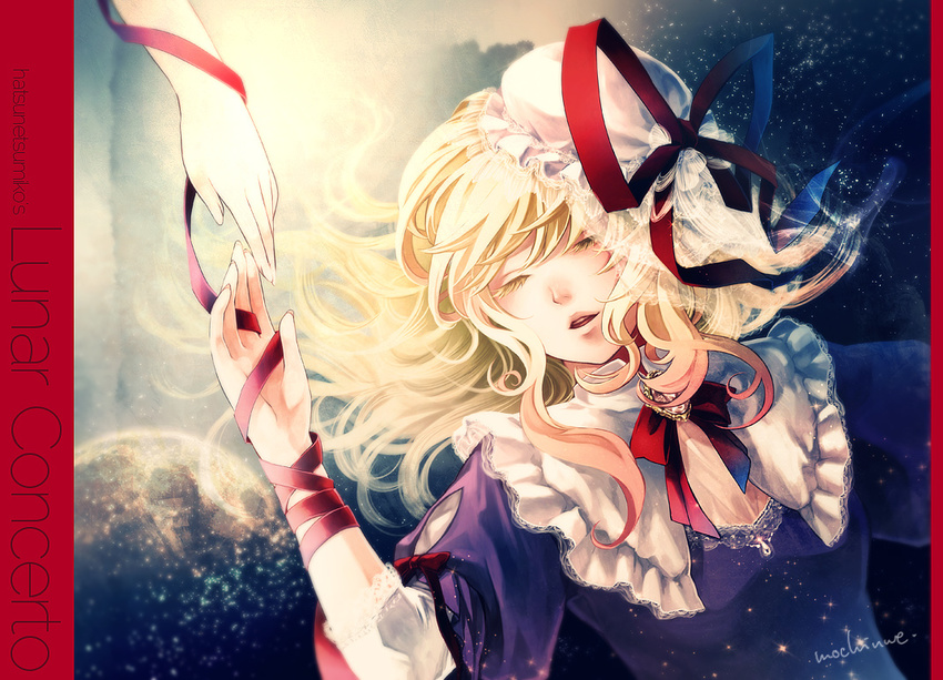 album_cover blonde_hair closed_eyes commentary_request cover female hands hat hatsunetsumiko's mochinue open_mouth ribbon solo sound_voltex touhou unworn_hat unworn_headwear yakumo_yukari