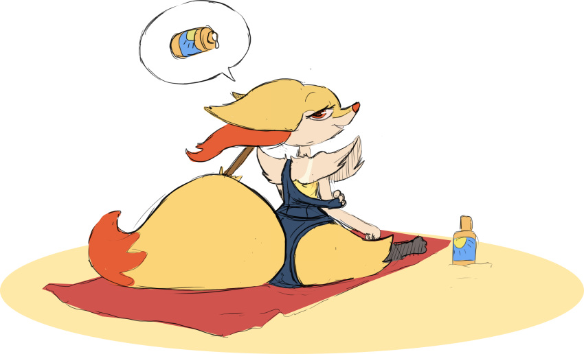 3_fingers 3_toes alpha_channel anthro braixen clothing feet female fingers fur generation_6_pokemon half-closed_eyes hi_res inner_ear_fluff looking_at_viewer looking_back lotion narrowed_eyes nintendo on_towel one-piece_swimsuit orange_body orange_eyes orange_fur orange_nose pictographics pokemon pokemon_(species) siebedraws smile solo swimwear toes towel tuft white_body white_fur yellow_body yellow_fur