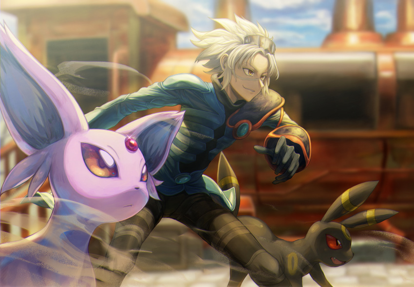 1boy absurdres black_pants blurry blurry_background brown_eyes cloud commentary_request day espeon floating_hair gloves highres leaning_forward legs_apart long_sleeves male_focus milmir outdoors painting_(medium) pants parted_bangs parted_lips pokemon pokemon_(creature) pokemon_colosseum sand sky smirk standing traditional_media umbreon watercolor_(medium) wes_(pokemon) white_hair