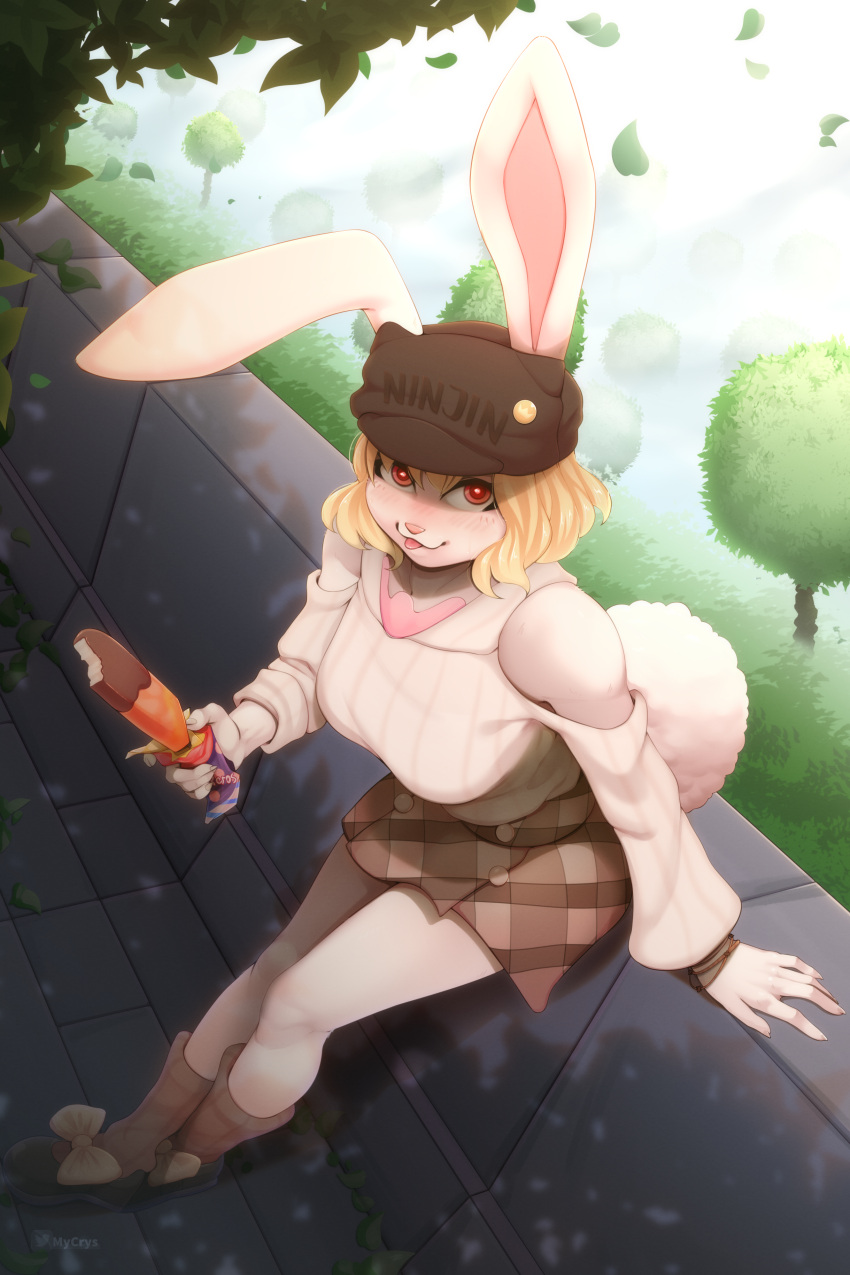 absurd_res anthro blonde_hair blush breasts carrot_(one_piece) clothed clothing dessert digital_media_(artwork) female fluffy fluffy_tail food fur hair hi_res ice_cream lagomorph leporid looking_at_viewer mammal minkmen_(one_piece) mycrys one_piece plant rabbit smile solo tagme tail tongue tongue_out white_body white_fur