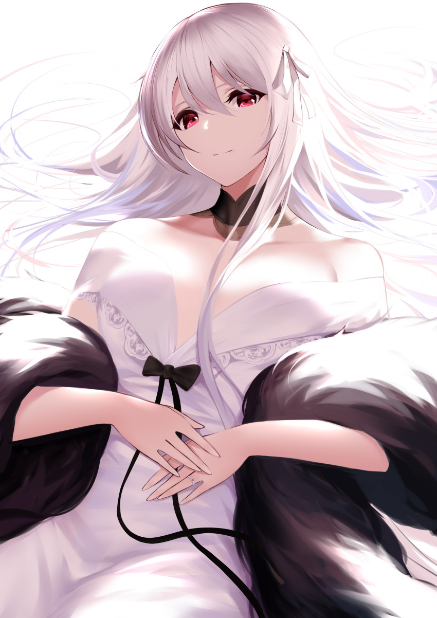 absurdres bare_shoulders breasts closed_mouth collarbone detached_collar dress expressionless feather_boa female floating_hair girls_frontline hair_between_eyes higandgk highres jewelry kar98k_(girls_frontline) long_hair looking_at_viewer medium_breasts off-shoulder_dress off_shoulder red_eyes ring silver_hair simple_background solo upper_body wedding_dress wedding_ring white_background white_dress