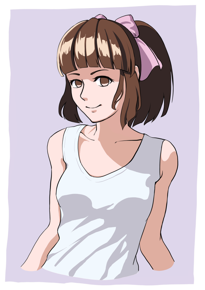 absurdres arikura_tomoko blunt_bangs bow brown_eyes brown_hair commentary female grey_background hairbow highres medium_hair nogreen oniisama_e... pink_bow ponytail shirt simple_background sleeveless smile upper_body white_shirt