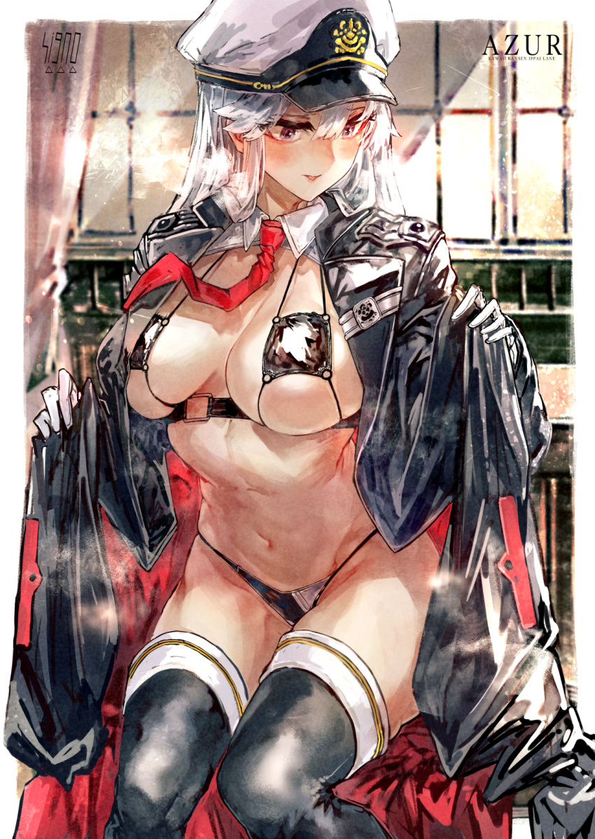 azur_lane bikini black_bikini black_coat black_thighhighs breasts coat commentary_request enterprise_(azur_lane) eyepatch_bikini female hat highres jacket jacket_on_shoulders large_breasts long_hair military_hat necktie open_clothes open_coat peaked_cap signo_aaa sitting solo swimsuit thighhighs white_hair