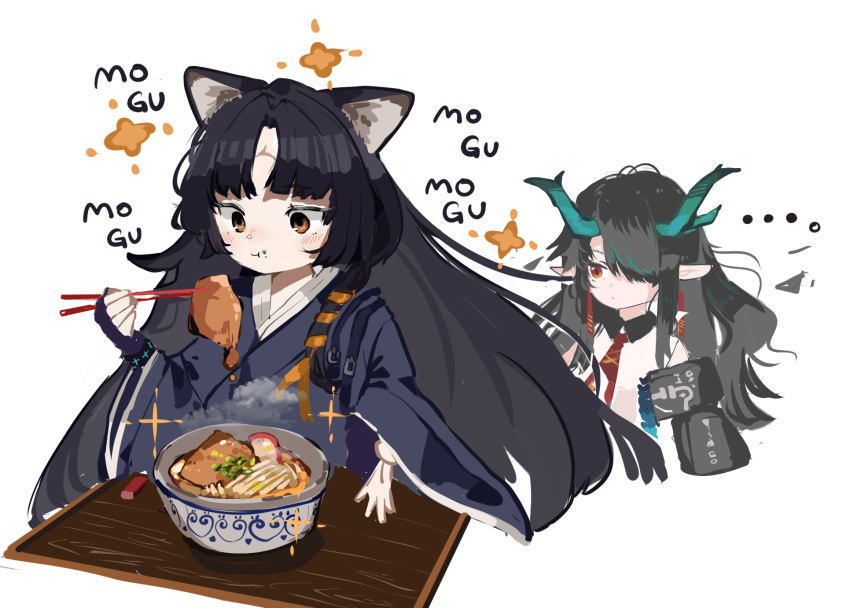 2girls animal_ears arknights black_coat black_hair black_kimono bowl brown_eyes chopsticks coat dog_ears dog_girl dragon_girl dragon_horns dusk_(arknights) eating facial_mark food forehead_mark hair_over_one_eye highres holding holding_chopsticks horns infection_monitor_(arknights) japanese_clothes kimono long_sleeves multiple_girls necktie pointy_ears red_necktie ryu_(17569823) saga_(arknights) simple_background white_background wide_sleeves