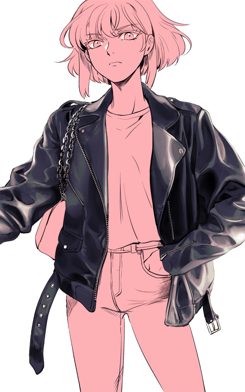 1boy androgynous bae_(baebae) hand_on_own_hip highres jacket leather leather_jacket lio_fotia male_focus monochrome promare short_hair_with_long_locks sidelocks solo