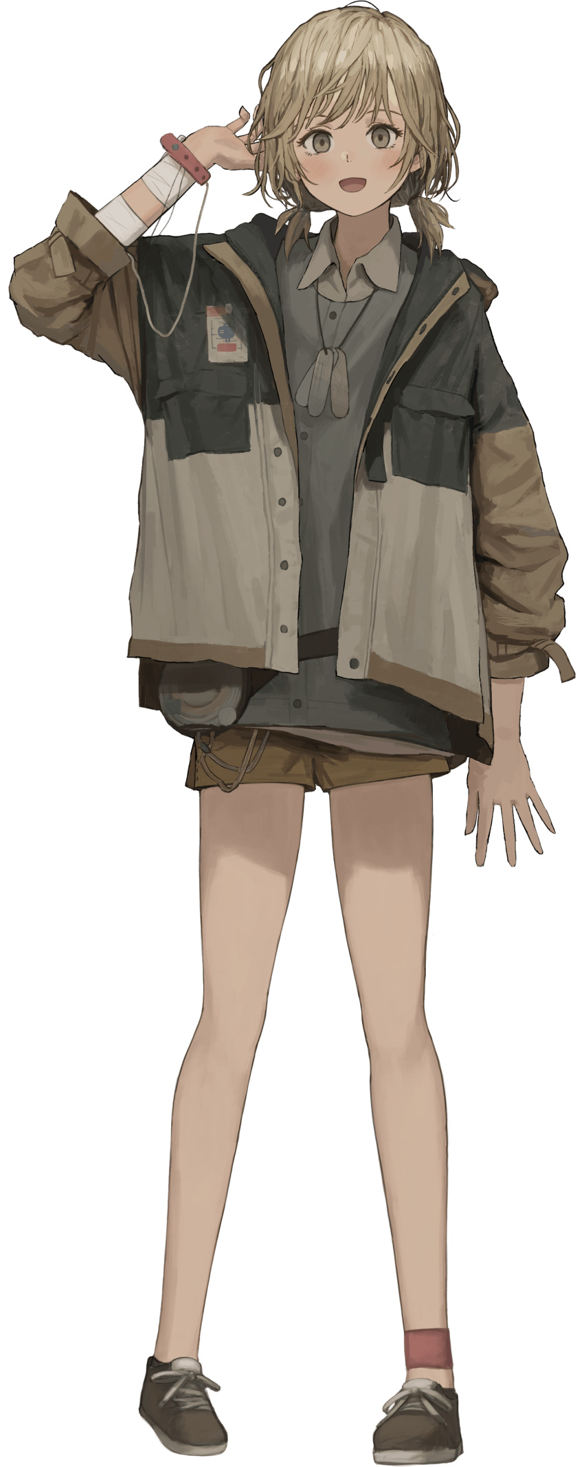 absurdres ankle_strap asatsugutori bandaged_arm bandages brown_eyes brown_hair cardigan collared_shirt female full_body highres jacket jewelry matinee_(asatsugutori) medium_hair necklace official_art open_clothes open_jacket open_mouth shion_(mirudakemann) shirt shoes shorts smile sneakers solo standing tachi-e transparent_background twintails