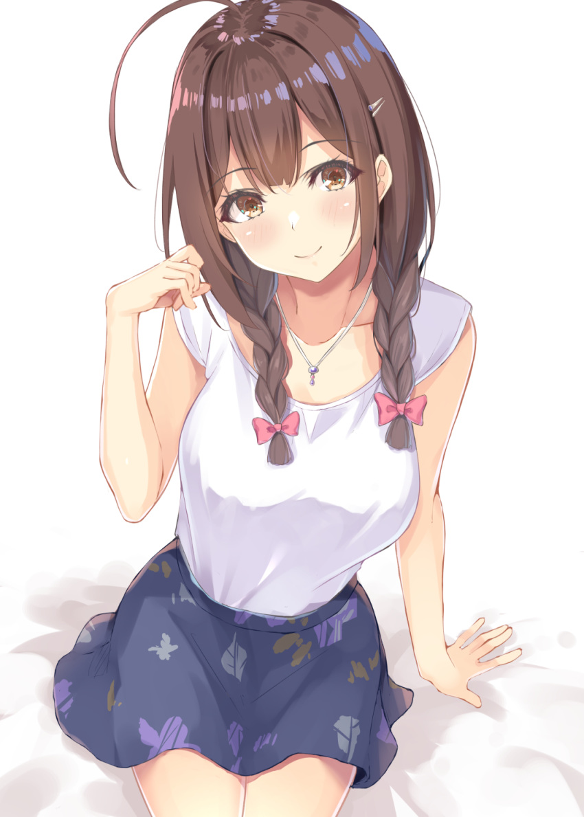 ahoge arm_support bare_shoulders blush bow braid breasts brown_eyes brown_hair closed_mouth collarbone female hair_ornament hair_over_shoulder hairclip hand_up hatsu_(first_snow) highres idolmaster idolmaster_shiny_colors jewelry kuwayama_chiyuki large_breasts leaf_print long_hair looking_at_viewer necklace pink_bow print_skirt shirt shirt_tucked_in sitting skirt sleeveless sleeveless_shirt smile solo twin_braids white_shirt