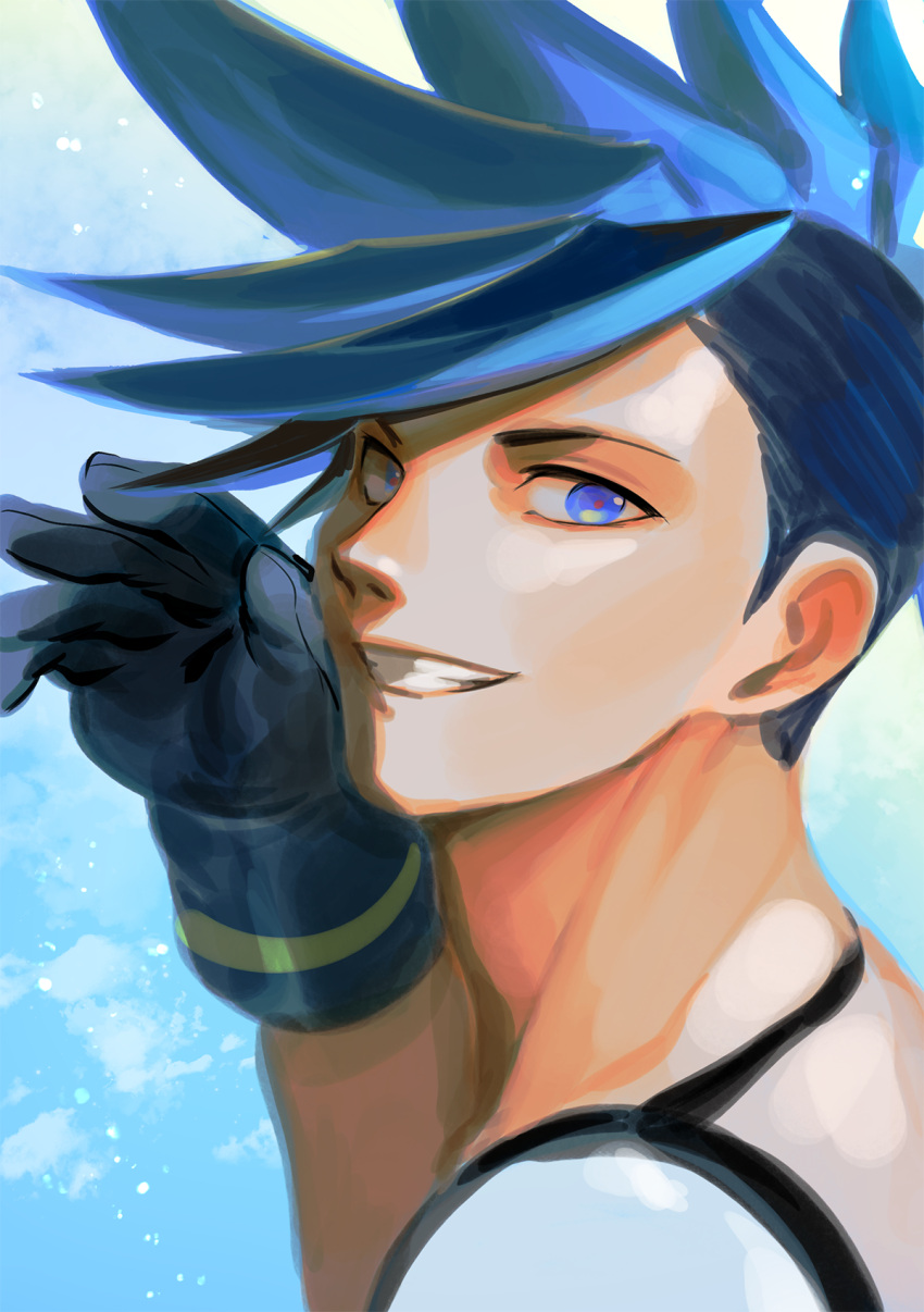 1boy asymmetrical_hair bae_(baebae) black_gloves blue_eyes blue_hair galo_thymos gloves highres male_focus portrait promare sidecut solo spiked_hair undercut