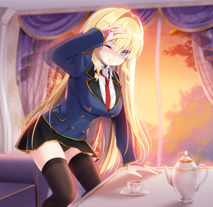 arm_support arm_up armchair bad_id bad_pixiv_id black_panties black_thighhighs blazer blonde_hair blue_eyes blue_jacket blush breasts bridal_gauntlets chair collared_shirt commentary_request cup curtains delores_(mvv) feet_out_of_frame female hair_between_eyes hair_intakes hand_on_own_head highres jacket long_hair long_sleeves medium_breasts mvv necktie nose_blush one_eye_closed original panties parted_lips red_necktie saucer school_uniform shirt solo sweat table teacup teapot thighhighs underwear very_long_hair white_shirt window