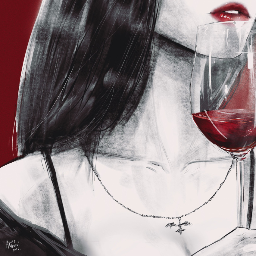 azure_meraki black_hair breasts cleavage cup dated drinking_glass female greyscale_with_colored_background head_out_of_frame highres holding holding_cup jewelry lipstick long_hair long_neck makeup monochrome necklace original red_background red_lips red_theme signature simple_background solo spot_color wine_glass