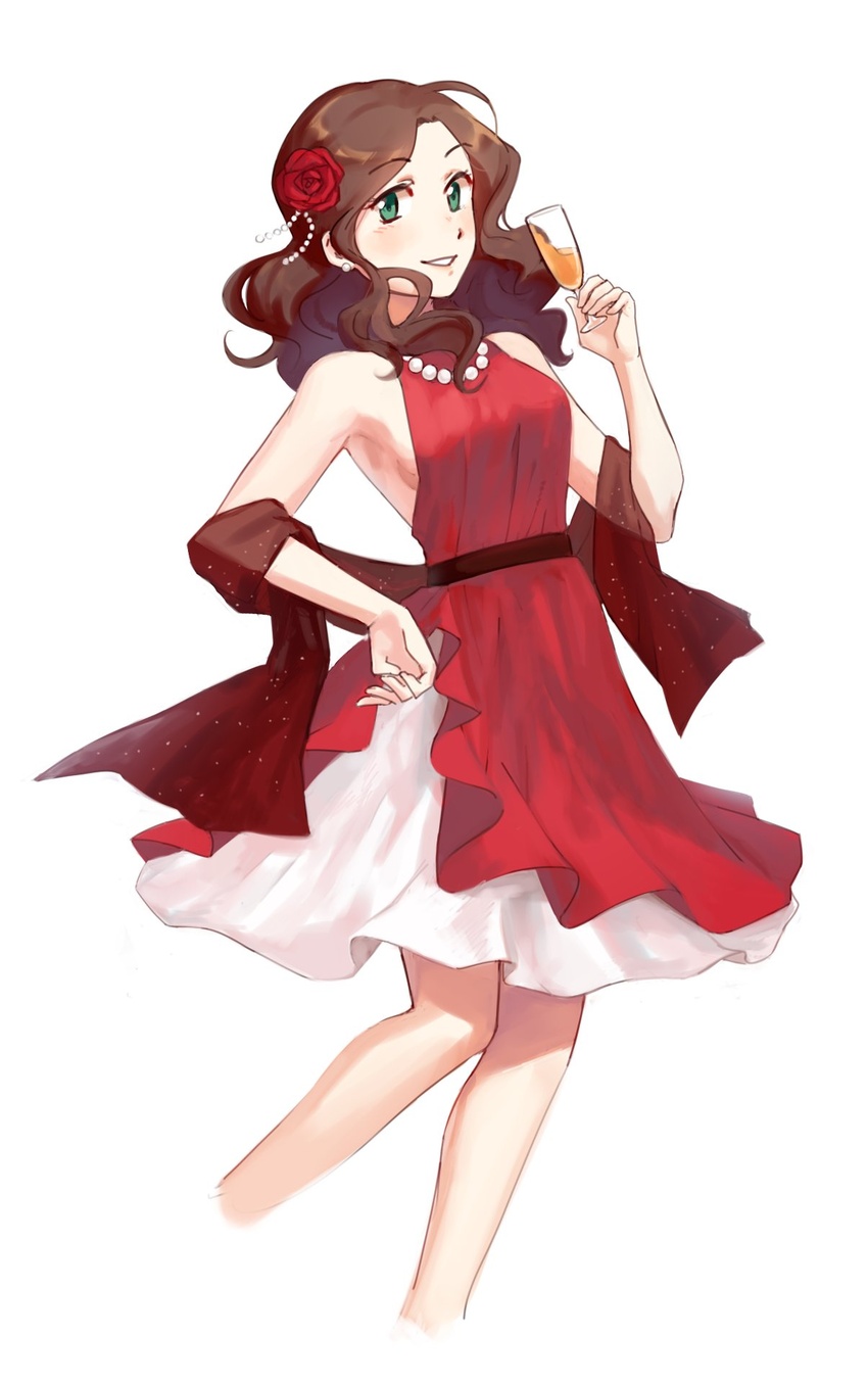 alternate_costume brown_hair commentary_request cup dorothea_arnault dress drinking_glass female fire_emblem fire_emblem:_three_houses flower green_eyes gummy_(puffaluficus) hair_flower hair_ornament highres holding holding_cup jewelry long_hair necklace parted_lips red_dress simple_background solo white_background wine_glass