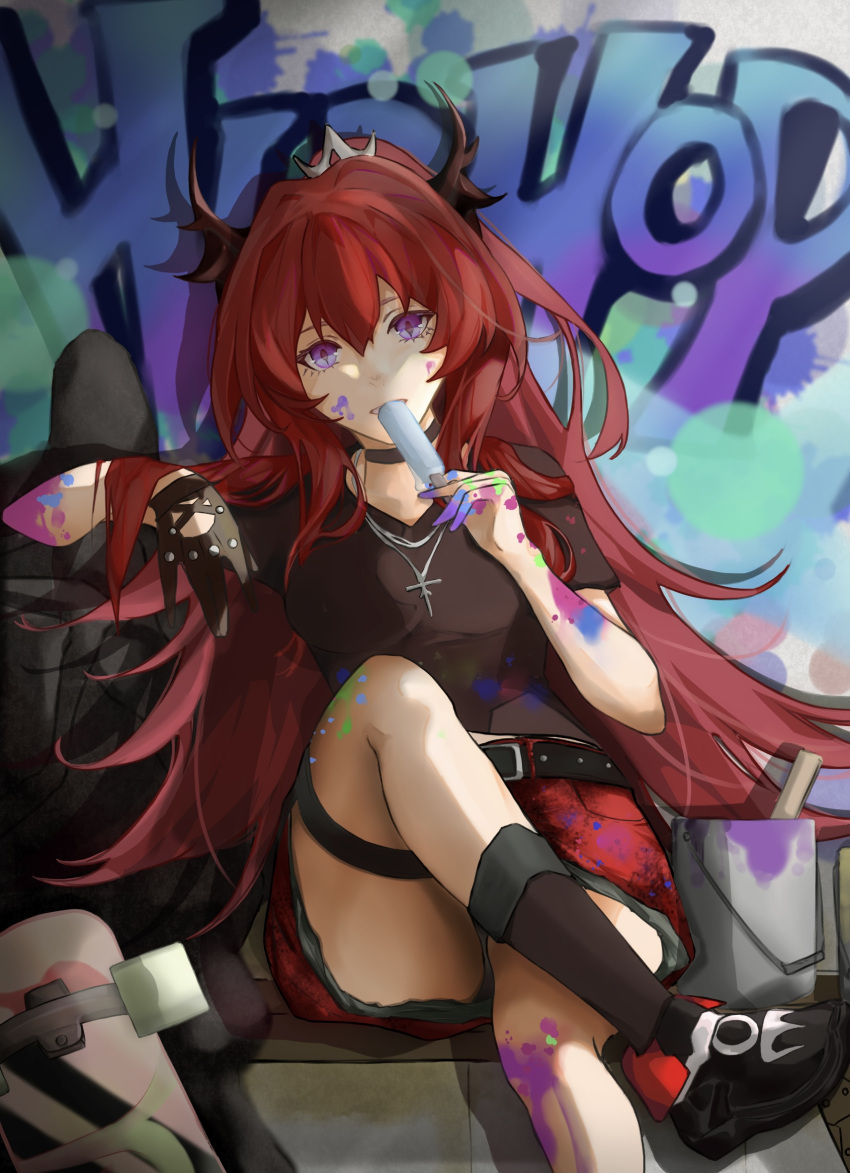 amef arknights dress female food graffiti highres horns long_hair miniskirt official_alternate_costume paint paint_splatter panties pantyshot popsicle purple_eyes red_hair red_skirt skateboard skirt slit_pupils solo surtr_(arknights) surtr_(liberte_echec)_(arknights) thighs underwear upskirt white_panties