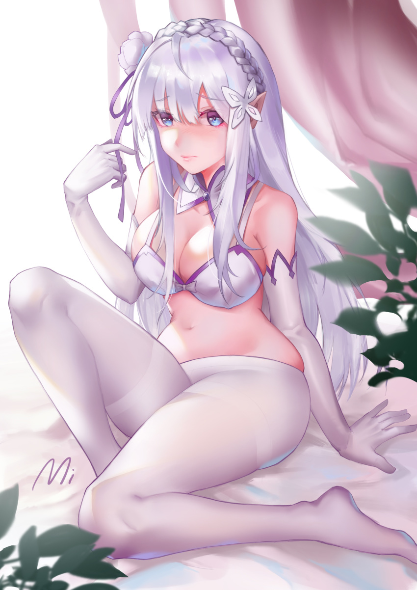 absurdres arm_support artist_name belly blue_eyes bra braid breasts cleavage closed_mouth crown_braid elbow_gloves emilia_(re:zero) female flower full_body gloves hair_flower hair_ornament hair_ribbon highres large_breasts legs long_hair looking_at_viewer mi_(630956686) no_shoes pantyhose pointy_ears purple_ribbon re:zero_kara_hajimeru_isekai_seikatsu ribbon sitting solo underwear white_bra white_flower white_gloves white_hair white_pantyhose x_hair_ornament