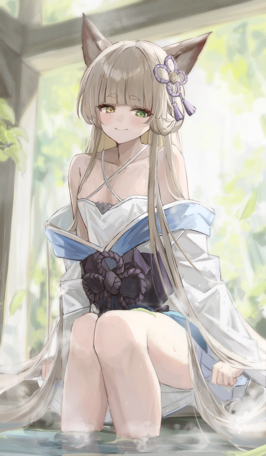 absurdres animal_ears breasts brown_eyes erune female granblue_fantasy green_eyes heterochromia highres light_brown_hair long_hair off_shoulder pholia pholia_(yukata) shiro_wa_(shiroshironix) small_breasts smile solo steam very_long_hair water