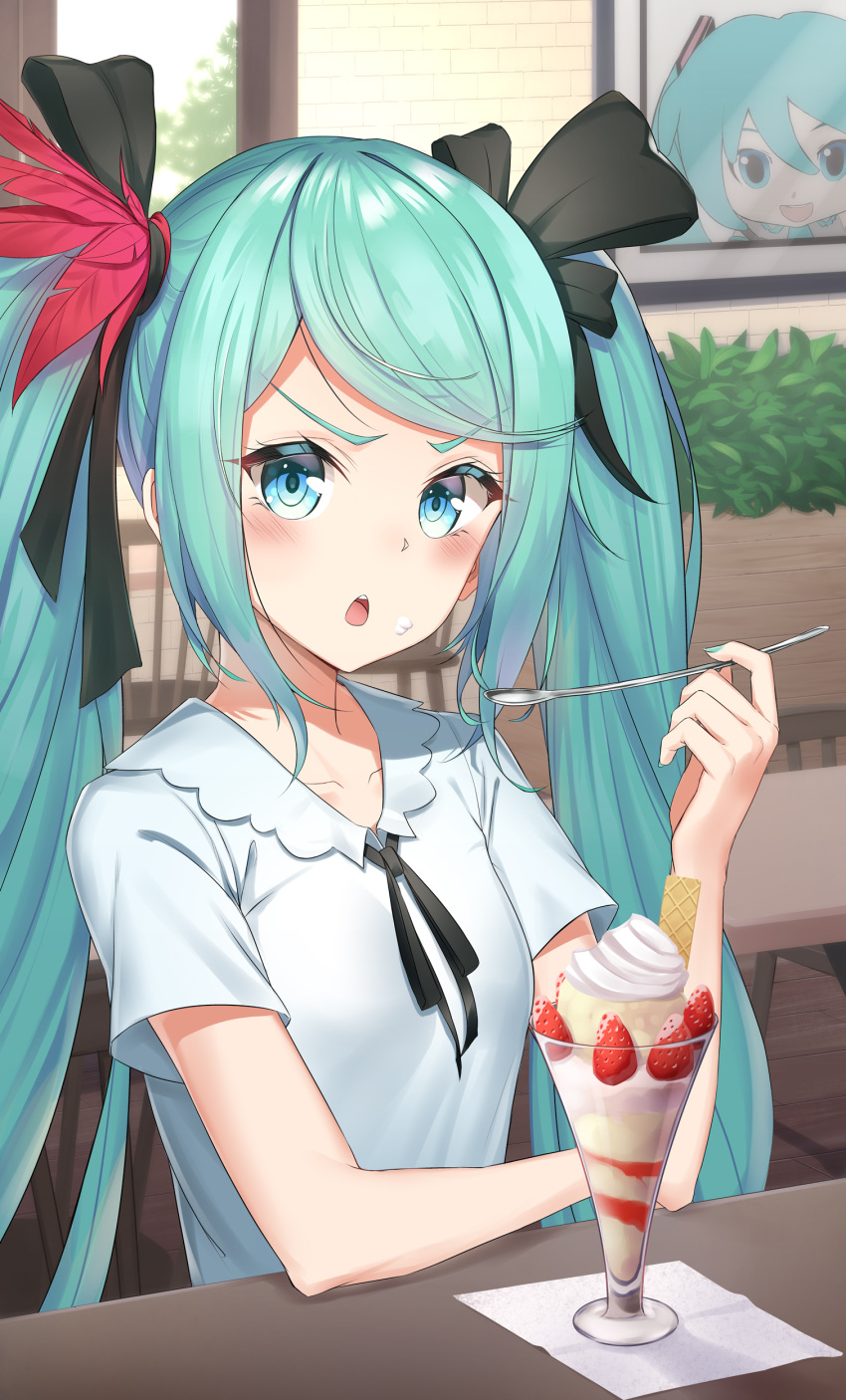 absurdres aqua_hair aqua_nails bib_(bibboss39) black_ribbon blue_eyes blush cafe chair collarbone commentary feather_hair_ornament feathers female food food_on_face fruit hair_ornament hair_ribbon hand_up hatsune_miku highres holding holding_spoon indoors long_hair looking_at_viewer mikudayoo nail_polish neck_ribbon parfait photo_(object) plant project_diva_(series) ribbon shirt sitting solo spoon strawberry supreme_(module) table twintails upper_body v-shaped_eyebrows very_long_hair vocaloid waffle whipped_cream white_shirt window world_is_mine_(vocaloid)