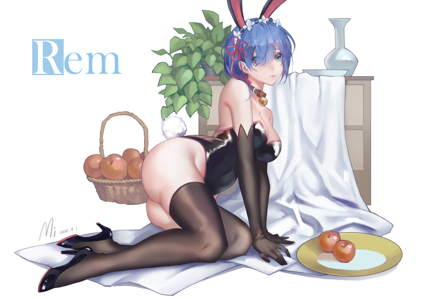 absurdres animal_ears apple arm_support artist_name bare_shoulders basket black_gloves black_thighhighs blue_eyes blue_hair breasts character_name cleavage closed_mouth commentary_request elbow_gloves fake_animal_ears female food fruit full_body gloves hair_ornament hair_over_one_eye hair_ribbon highres large_breasts legs looking_at_viewer maid_headdress mi_(630956686) playboy_bunny rabbit_ears re:zero_kara_hajimeru_isekai_seikatsu red_ribbon rem_(re:zero) ribbon short_hair simple_background solo thighhighs thighs white_background x_hair_ornament